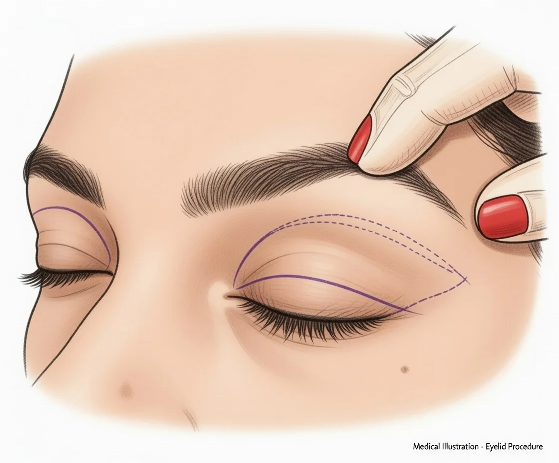 Ilustração das incisões delicadas nas pálpebras superiores e correção das bolsas de gordura inferiores.