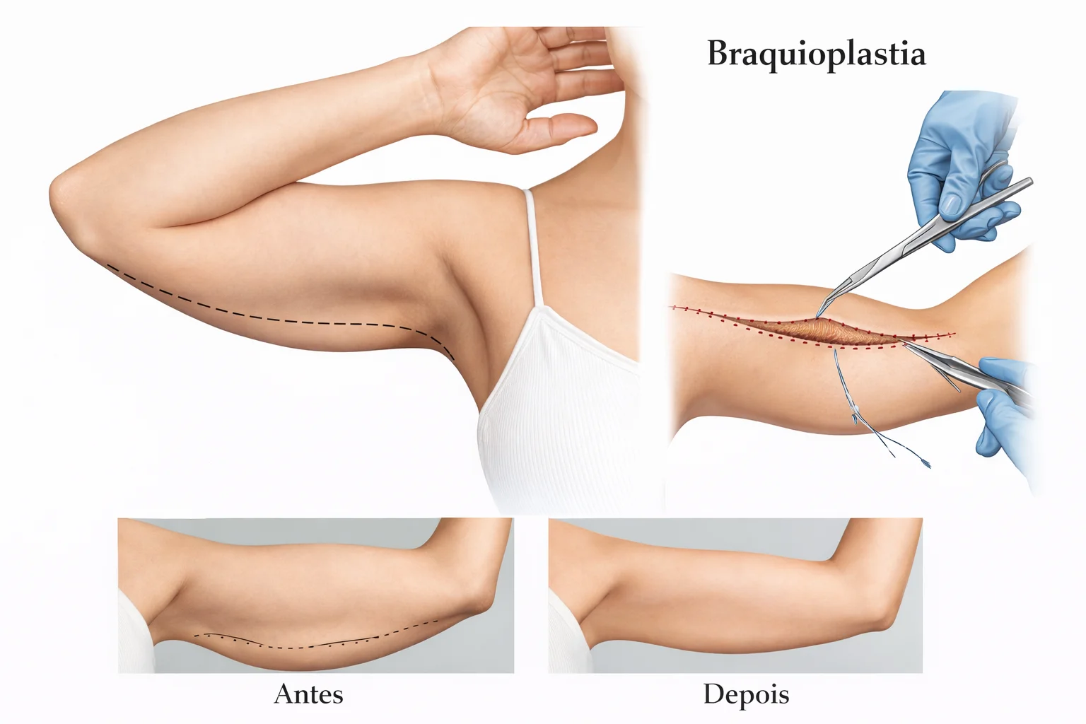 Ilustração demonstrativa da remoção do excesso de pele e flacidez (o famoso "tchauzinho").