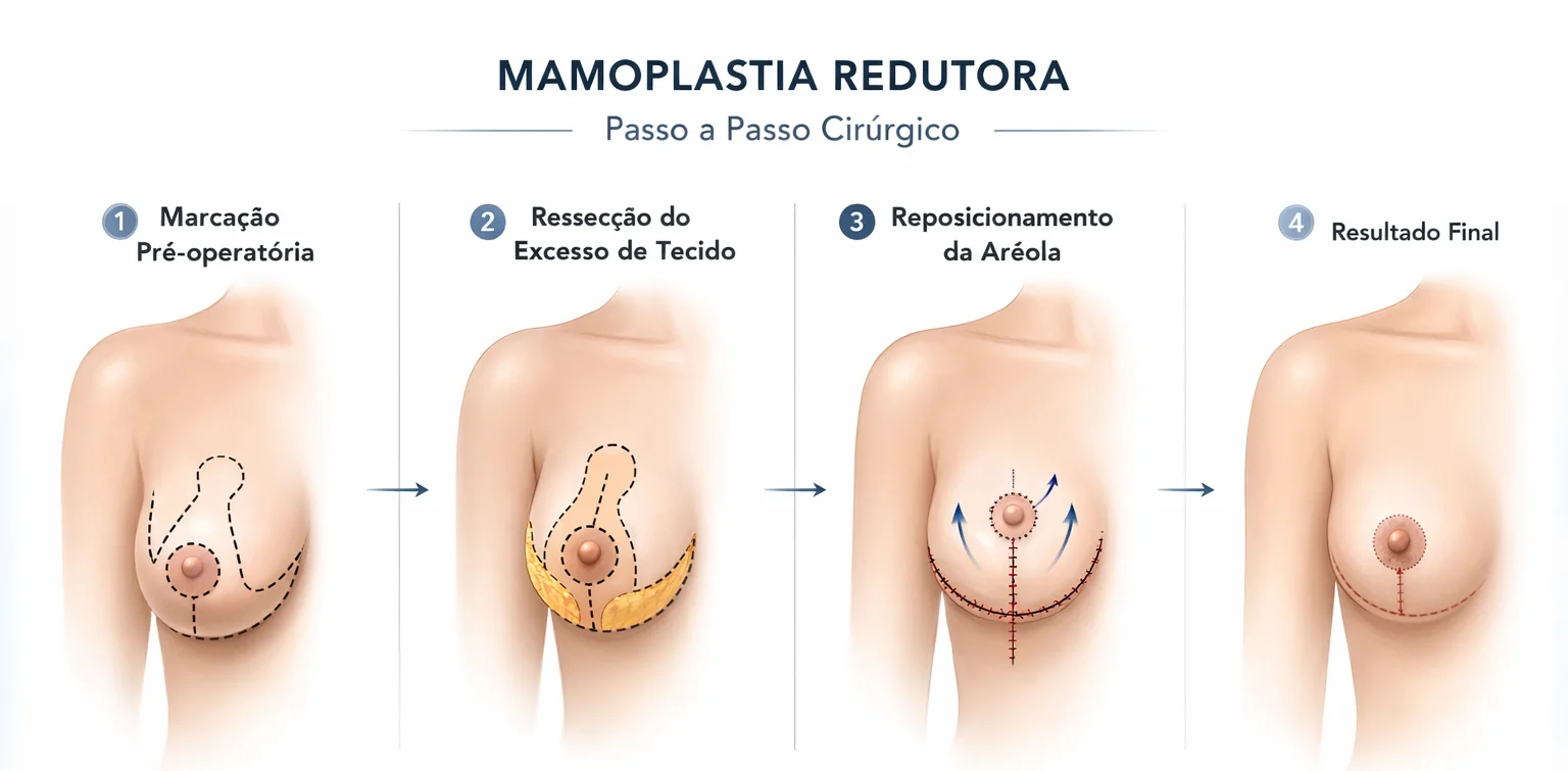 Ilustração das técnicas (cicatrizes) mais comuns em cirurgias de mama: Periareolar, Pirulito (Vertical) e T Invertido.